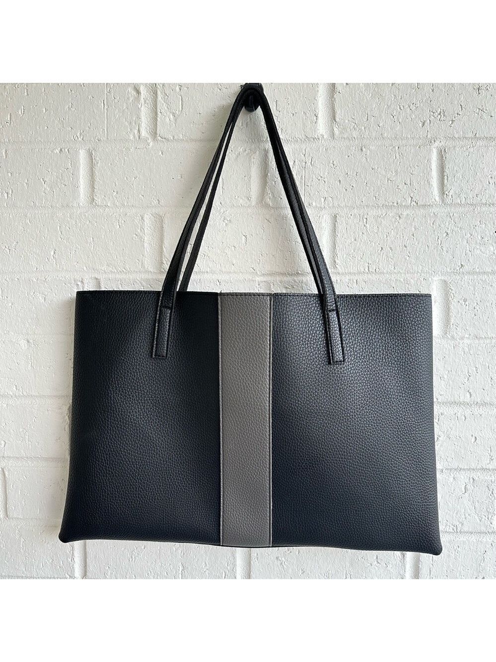 Vince Camuto Black Textured Tote Bag with Grey Stripe. Faux Leather and Suede